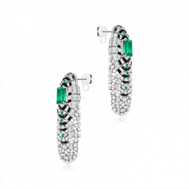 PAIR OF EMERALD, ONYX AND DIAMOND PENDENT EARRINGS